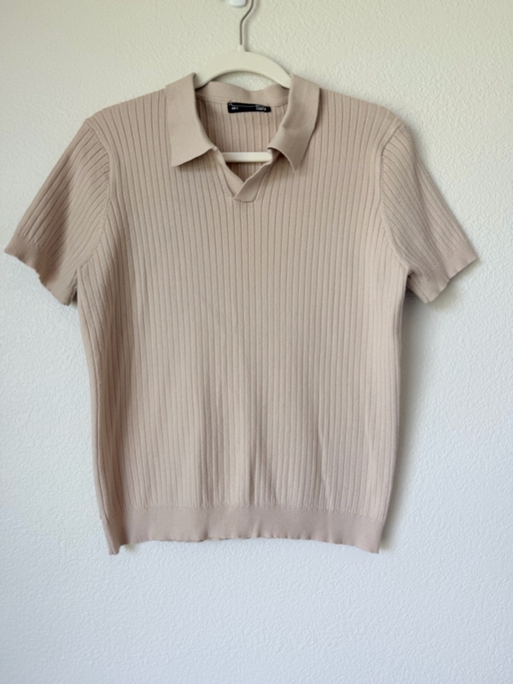 Dazy Ribbed Knit Polo Sweater Beige Short Sleeve V Neck Top S